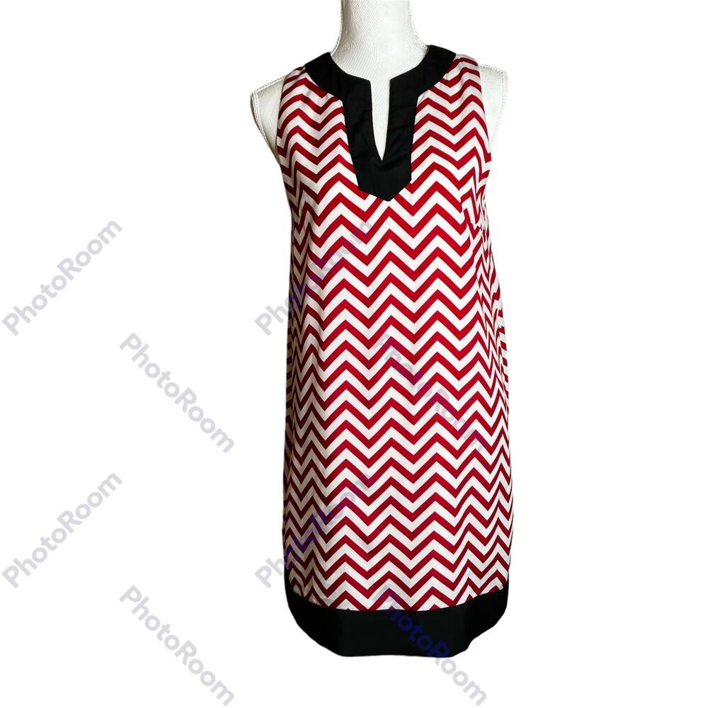 Mud Pie Womens Dress SZ M Red White Chevron Black Trim Shift Dress Banded V Neck
